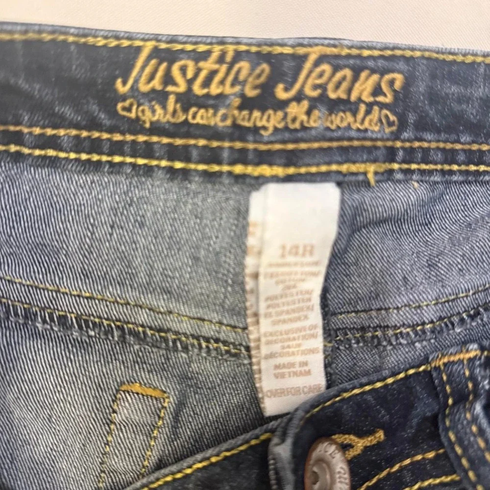 Justice Girls 14R Denim Shorts Dark Wash Embroidered Heart Stretch SCHOOL COMFY